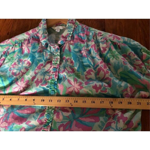 Time & Tru Women's Tropical Linen Blend Rolled Cuff Button Up Shirt SZ S - Picture 8 of 10